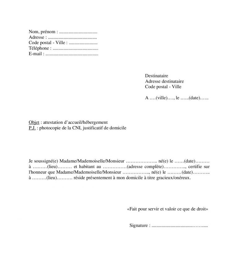 Exemple de lettre d attestation d hébergement ou daccueil