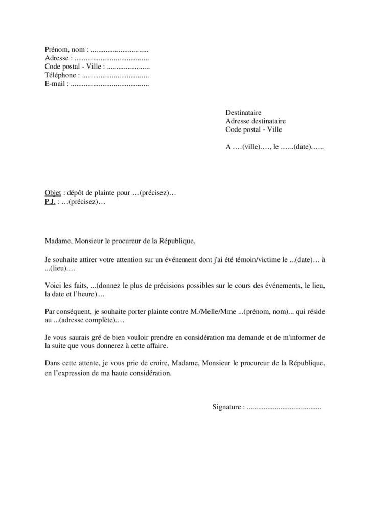 Exemple lettre de dépôt de plainte auprès du procureur de la République