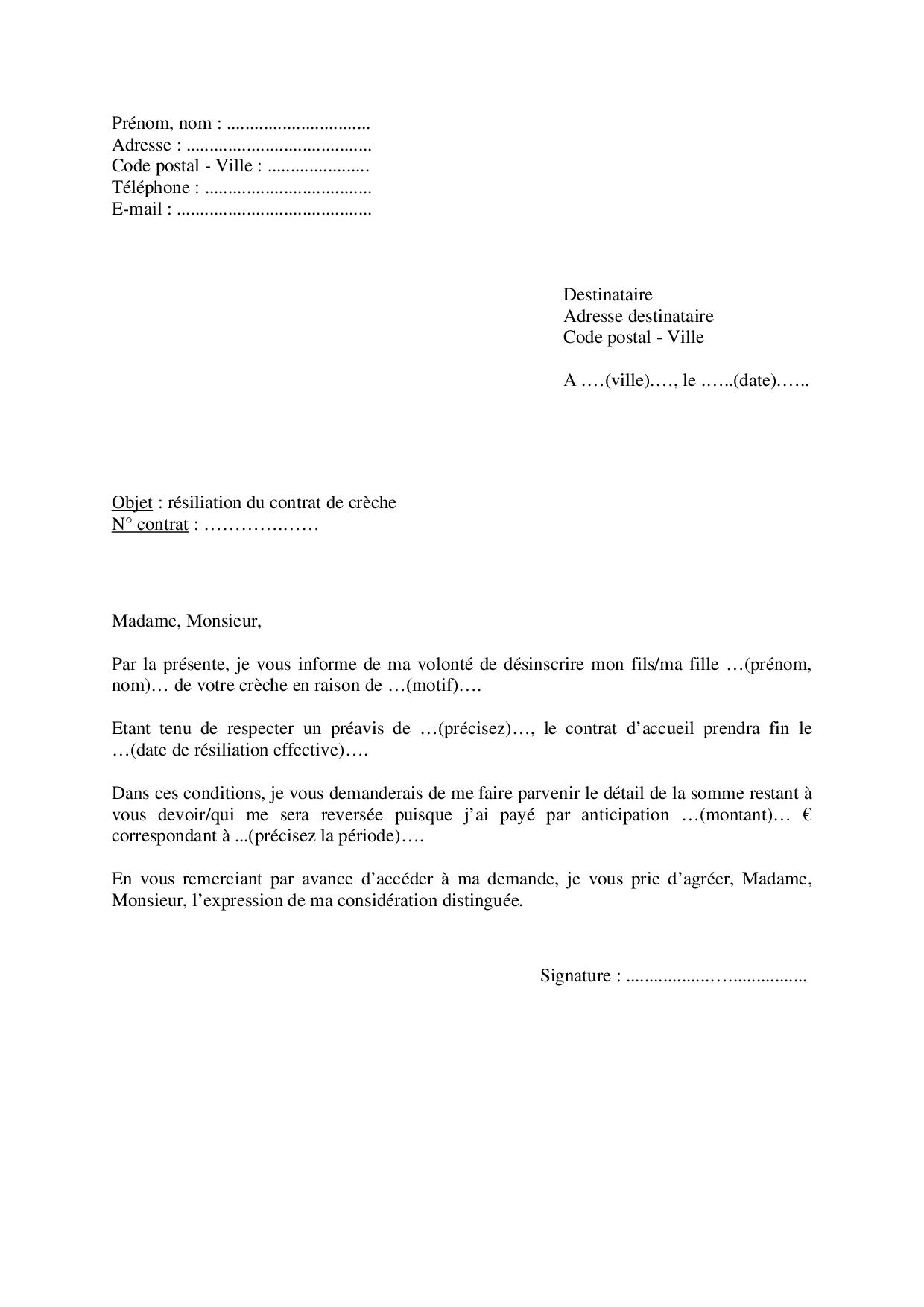 Mod Le De Lettre De R Siliation D Un Contrat De Cr Che