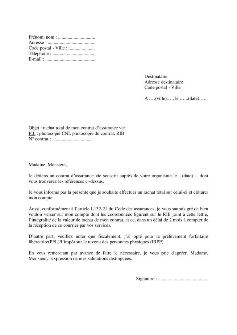 Mod Le De Lettre Pour Demander Le Rachat Total D Un Contrat D Assurance Vie